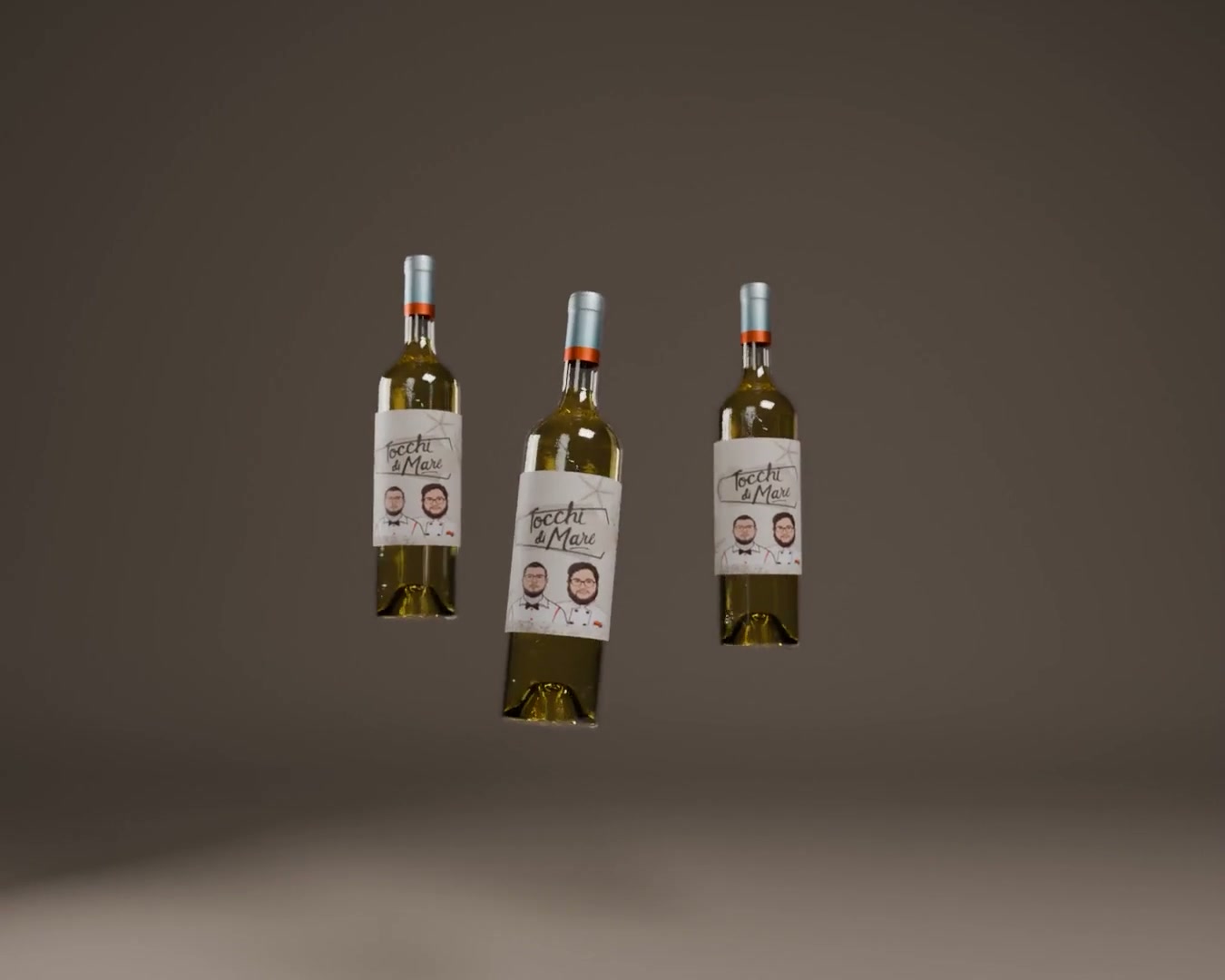 Three CGI white wine bottles suspended against a neutral studio background.