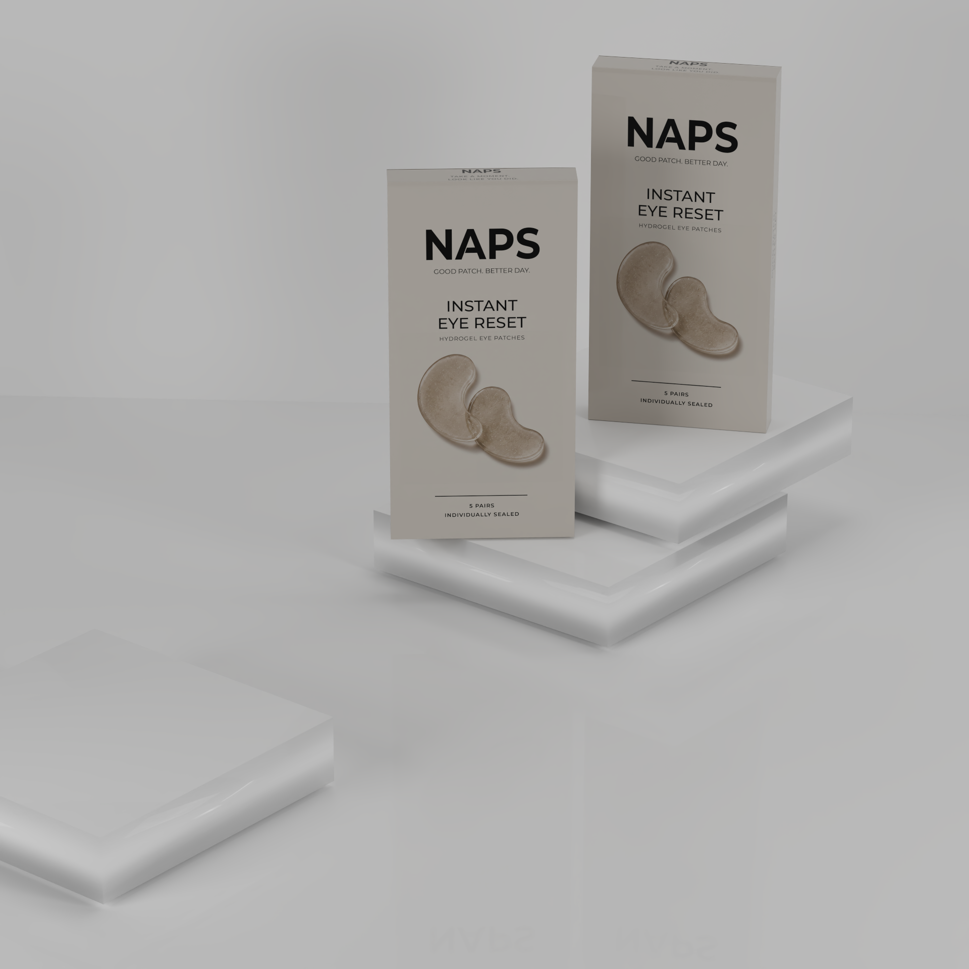 Base 3D render of NAPS cartons on stacked plinths.