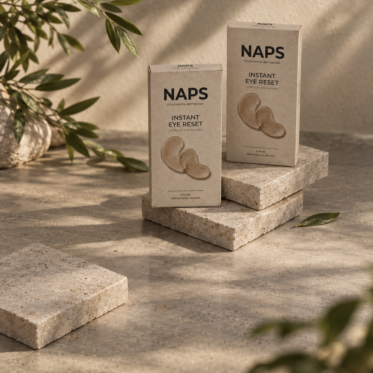 NAPS eye-care packaging in a warm botanical campaign setting
