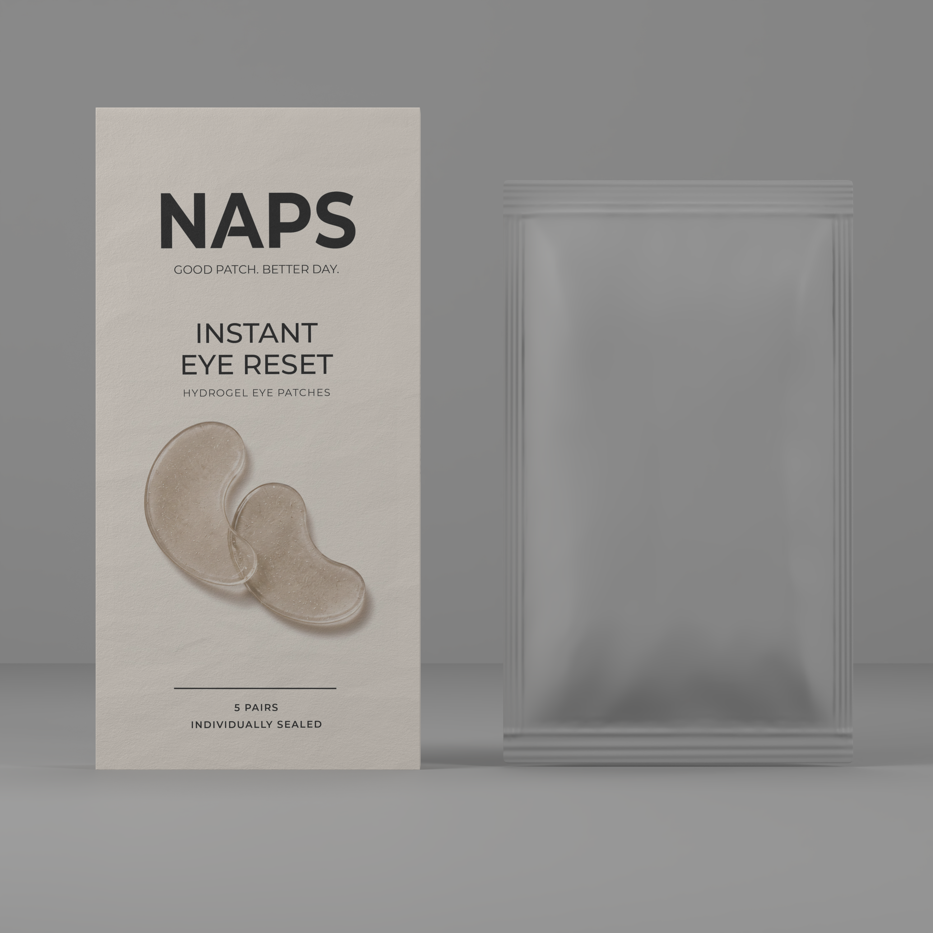 Base 3D render of a NAPS carton and sachet on grey.