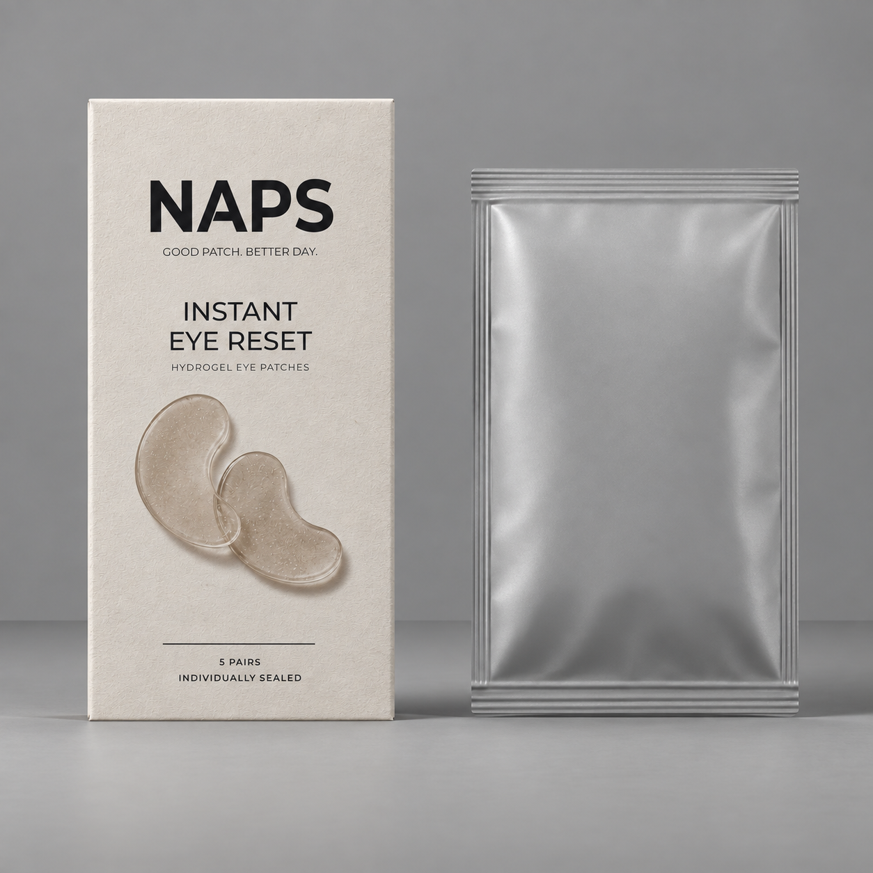 NAPS eye patch carton beside a silver sachet against a grey background.
